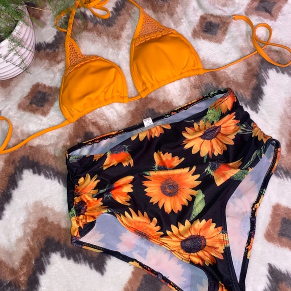 Orange Sunflower Tummy Control Two piece Bikini Bathing suit - Picture 4 of 15